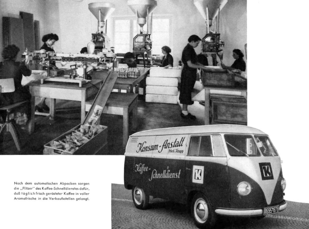 Aus der Jubiläumsschrift der Krupp'schen Konsumanstalt 1958. Der VW-Bulli als "Kaffee-Flitzer", der die frisch gerösteten Bohnen in die Verkaufsstellen bringt.