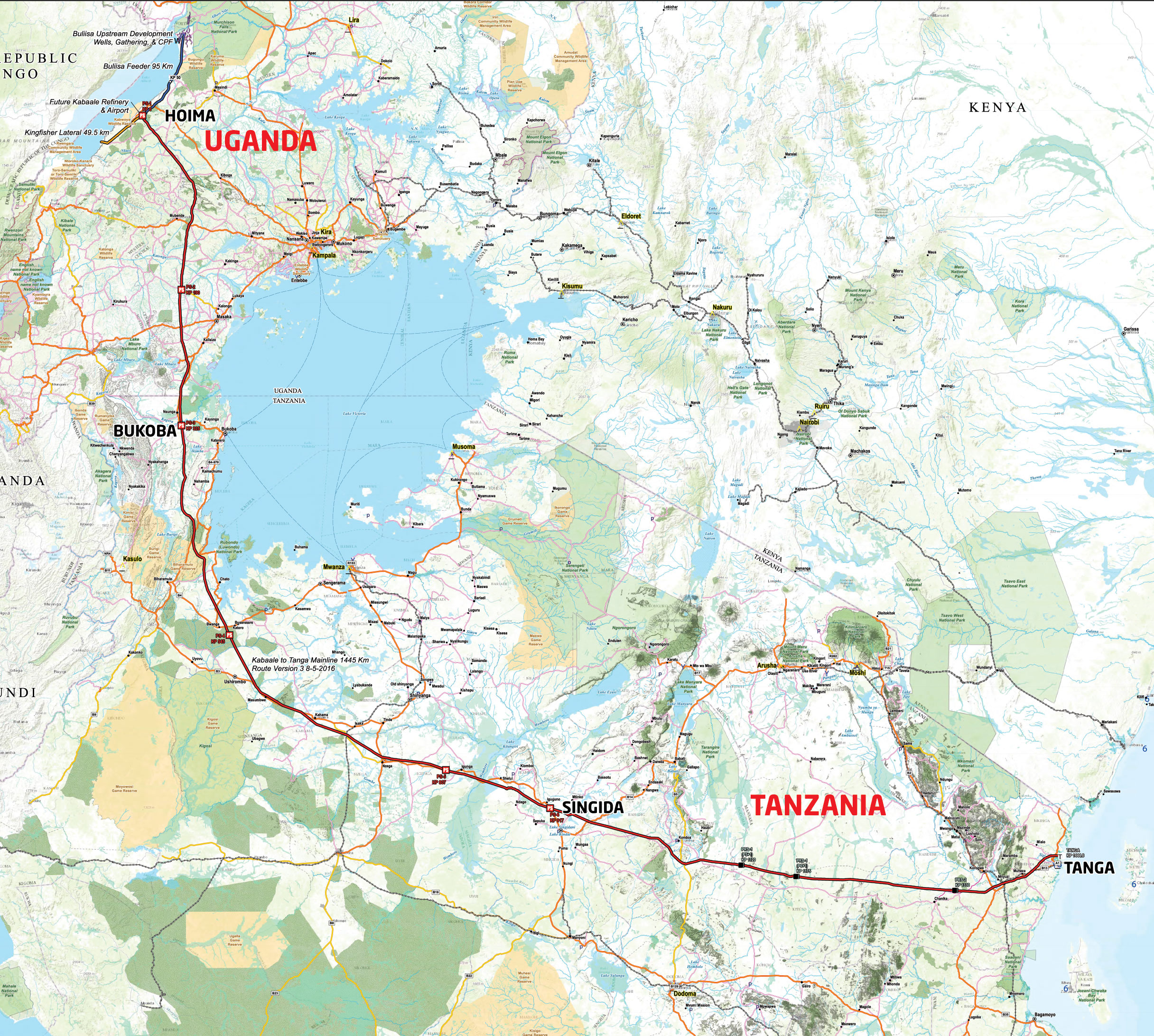 Die 1300 km lange beheizte Pipeline führt von Uganda zum Hafen in Tansania. Über weite Strecken direkt am Victoria-See entlang.